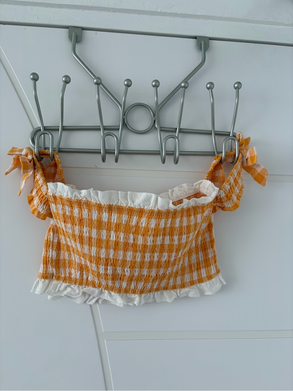 SHEIN Yellow and White Gingham Smocked Crop Top